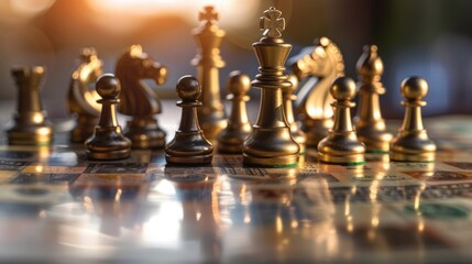 Chess pieces and monetary symbols, reflecting the world map, the concept of international finance generative ai