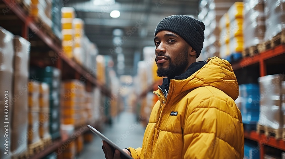Poster tablet checking delivery stock in warehouse with warehouseman using warehouse management software ap