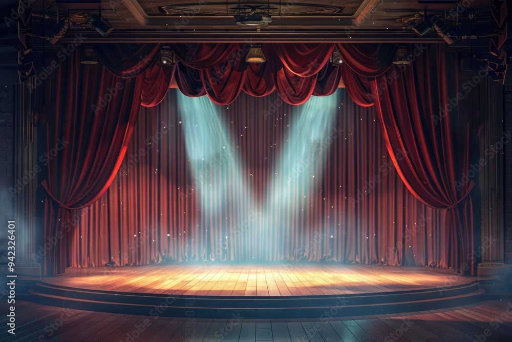 Poster A stage with a red curtain and spotlight setup for performance or event