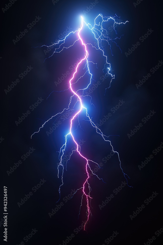 Poster a close-up shot of two lightning bolts suspended in mid-air, with dark clouds in the background