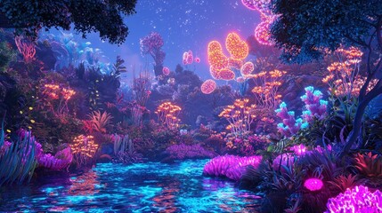 Glowing Forest Stream with Bio luminescent Flowers