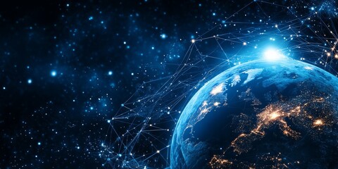 A stunning image of Earth with shimmering lines and twinkling stars, symbolizing global connectivity, tech progress, and space exploration, capturing the essence of our modern age