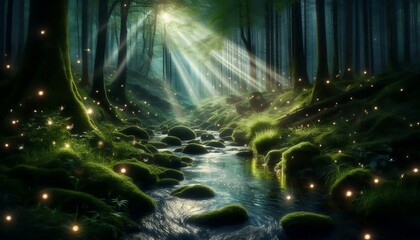 Tranquil Forest Waterfall in Lush Green Surroundings 4K Image