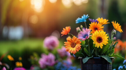 A vibrant arrangement of colorful daisies in a black pot, captured during sunset in a garden, with a blurred bokeh background.