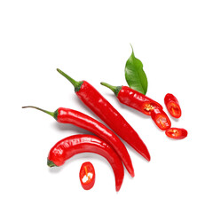 Cut chili peppers on white background. Top view