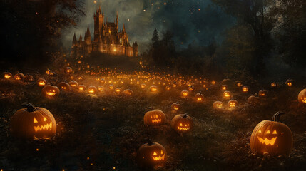 Halloween celebration at old castle featured a spooky background with evil-looking pumpkins scattered around the house, creating a scene of horror that perfectly set mood for eerie festivities