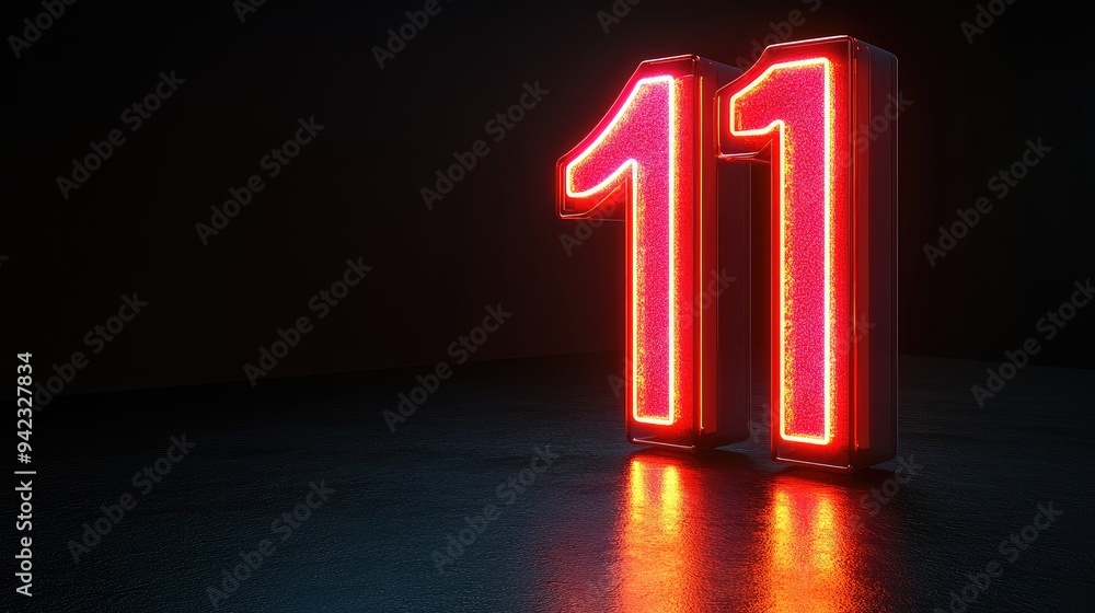 Fototapete A bold 3D number illuminated in neon light, standing out against a black backdrop with a reflective surface below, offering space for creative text overlays.