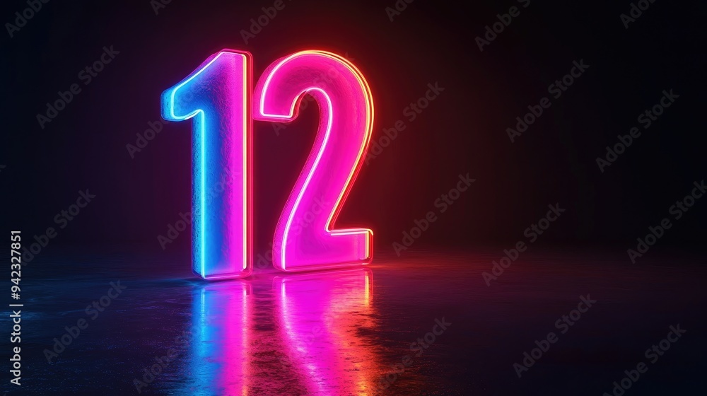 Fototapete a bold 3d number illuminated in neon light, standing out against a black backdrop with a reflective 