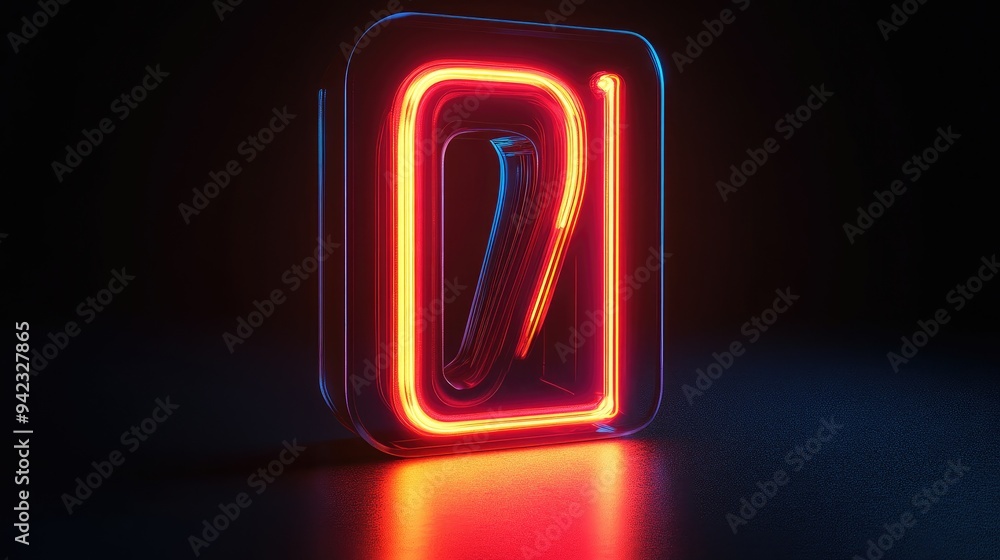 Fototapete a bold 3d number illuminated in neon light, standing out against a black backdrop with a reflective 