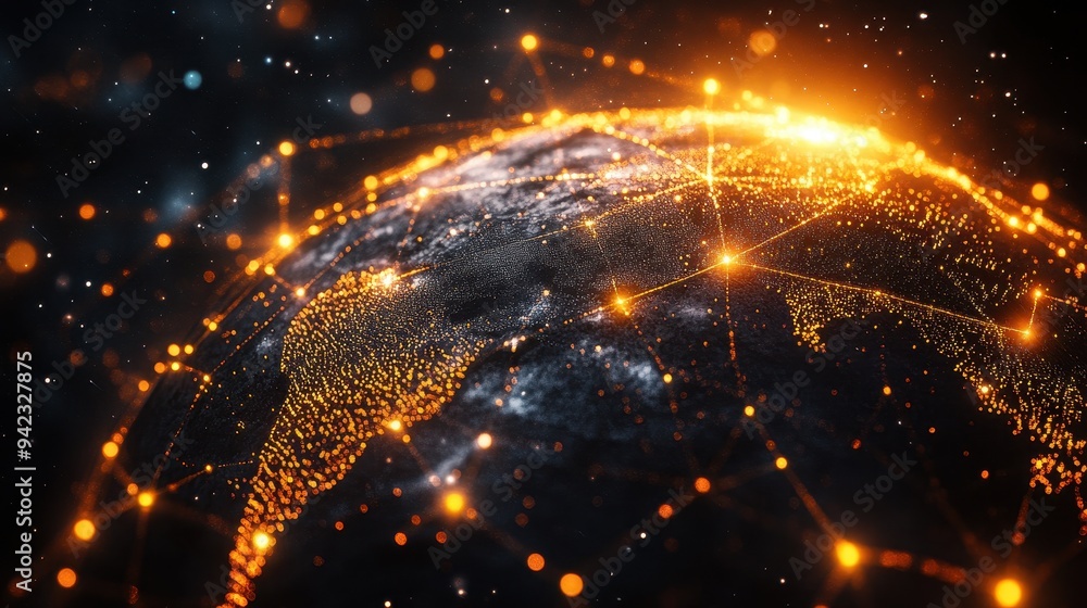 Poster glowing earth with connected lines and points of light