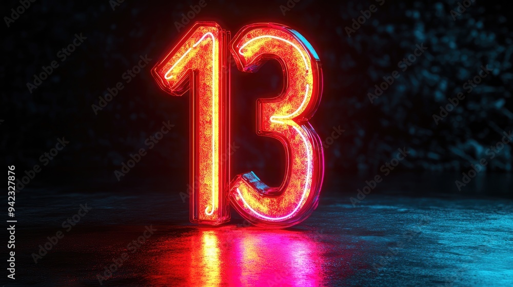 Fototapete a bold 3d number illuminated in neon light, standing out against a black backdrop with a reflective 