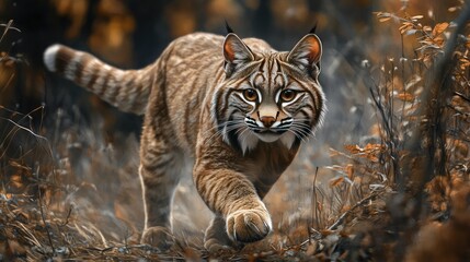 Obraz premium A bobcat stealthily moving through the underbrush of a North American forest, capturing the essence of wildlife with ample space for text.