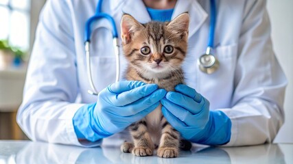 Veterinarian Examining Cute Kitten with Blue Gloves.