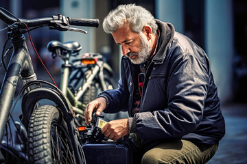 Older man repairs electric bicycle battery outdoors, focused on technical adjustments. Concept of dedicated maintenance, outdoor repair and the importance of keeping electric bicycles in top condition