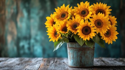 A bouquet of sunflowers arranged in a rustic setting, with plenty of copy space for messages.