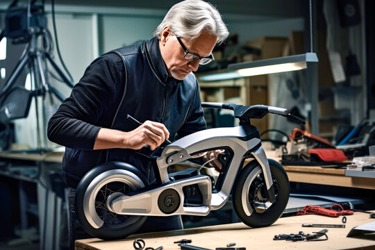 Man designer works on futuristic electric bike prototype in modern workshop. Concept of innovative product development, creativity in industrial design and process of crafting future of transportation