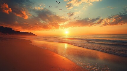 A breathtaking beach sunset with birds flying across the sky, the sun casting long shadows on the sand.