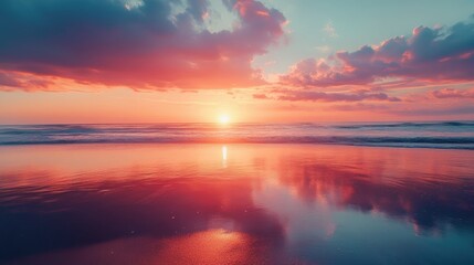 A breathtaking sunset over the beach with vibrant hues of orange and pink reflecting on the water. Ample copy space.