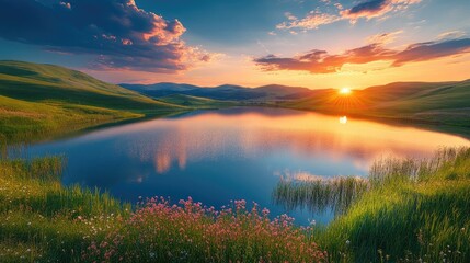 A breathtaking view of a serene landscape with rolling hills, a sparkling lake, and a vibrant sunset sky, capturing the essence of natural beauty with ample copy space.