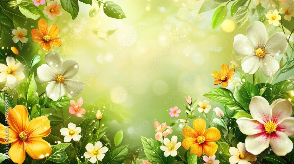 Aufkleber a bright and colorful spring banner with a mix of flowers and greenery, creating a lively and vibran