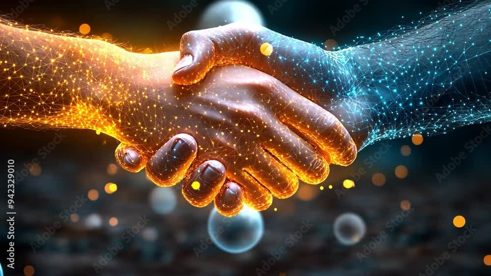 Aufkleber two hands meet in a digital handshake, symbolizing collaboration and innovation through glowing patt