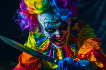 Obraz premium Colorful Killer Clown Holding Knife with Macabre Intentions and Sinister Smile on Halloween