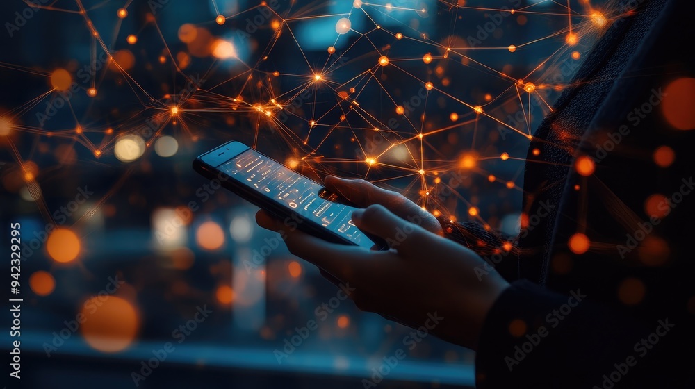 Aufkleber a business professional using a smartphone to control iot devices, with glowing data lines in the ba