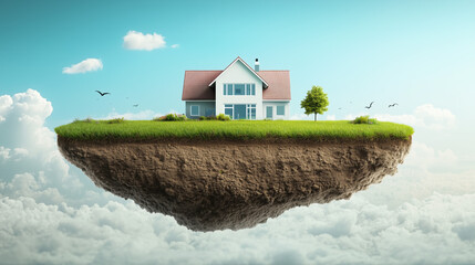 House with its own plot of land. Humorous depiction of a floating house on its piece of land against a sky background. Concept of owning or buying a home, land, or property.