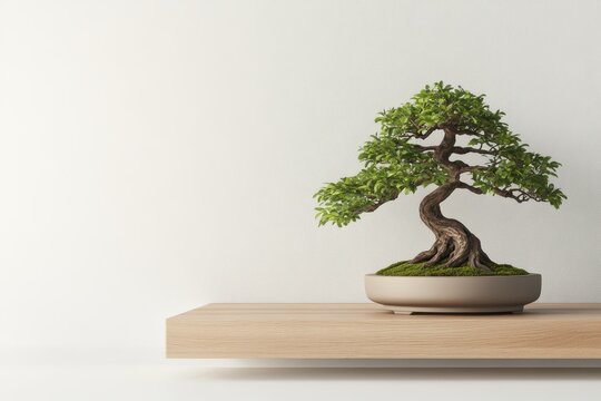 A small bonsai tree with vibrant green leaves sits gracefully on a wooden shelf against a white wall in a calm interior setting