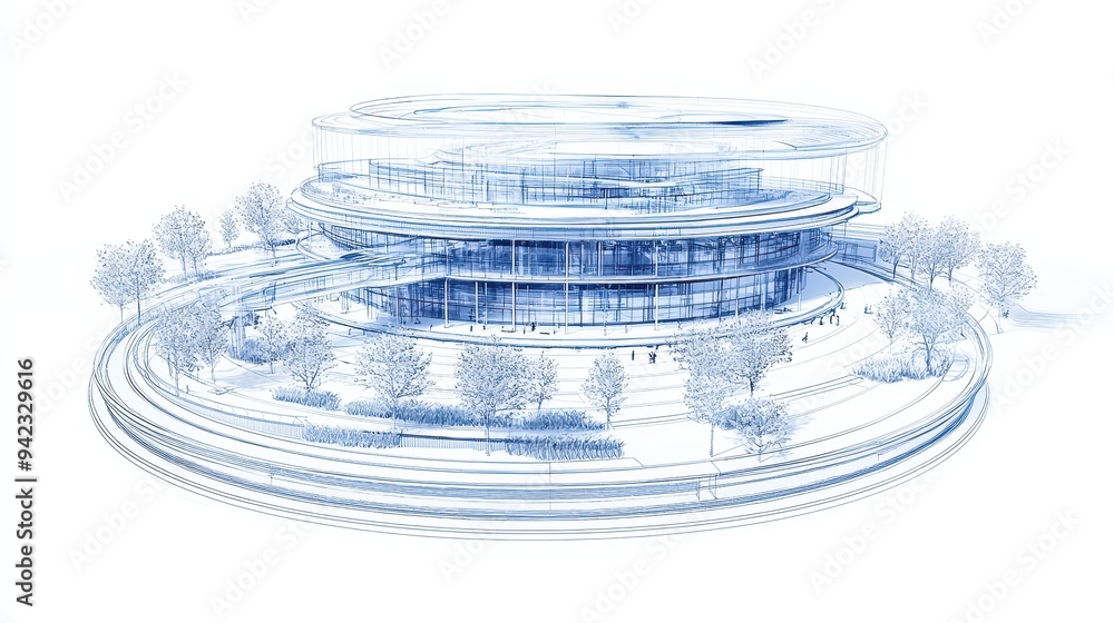 Poster modern architecture building blueprint design with trees