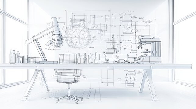 Hand drawn sketch of a modern office interior with desk  chair and microscopes