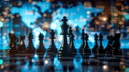 Chess pieces on a digital interface, reflecting world map, international business tactics generative ai