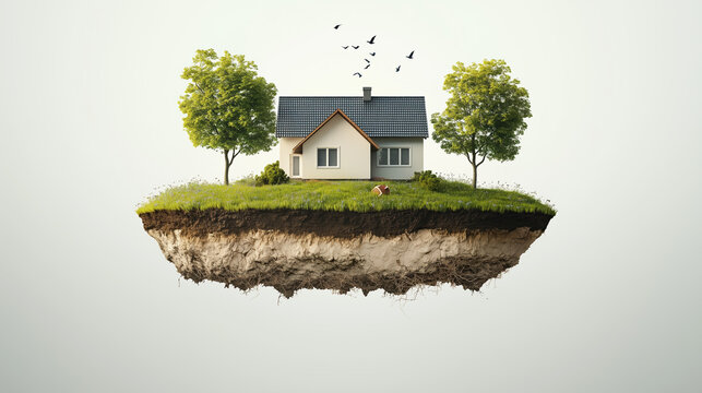 House with its own plot of land. Humorous depiction of a floating house on its piece of land against a white background. Concept of owning or buying a home, land, or property.