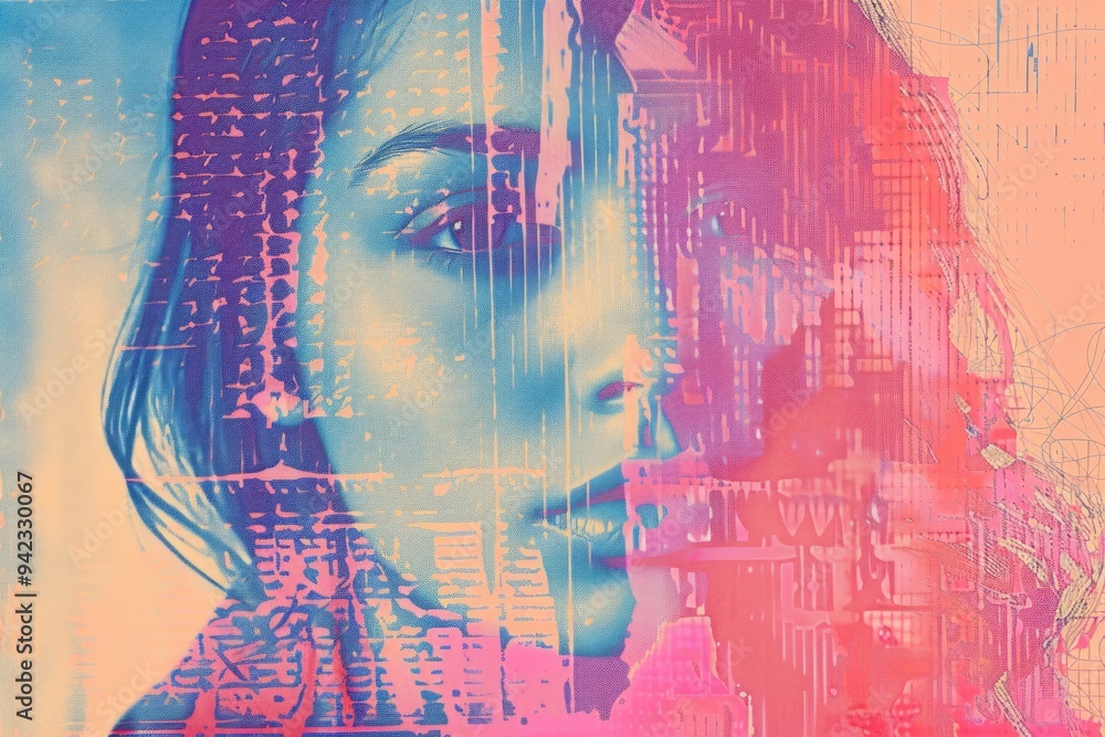 Poster a woman stands out in an urban setting with city buildings and infrastructure in the background