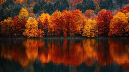 Obraz premium A calm lake reflecting the brilliant colors of fall trees, capturing the essence of autumn serenity with space for messaging.