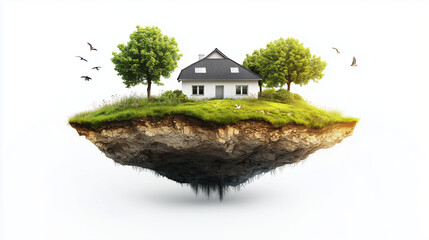 House with its own plot of land. Humorous depiction of a floating house on its piece of land against a white background. Concept of owning or buying a home, land, or property.