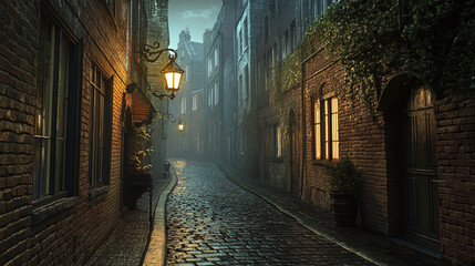 Mysterious cobblestone street with glowing streetlights