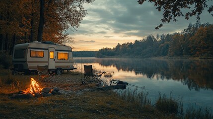 A camping trailer parked by a serene lake, with a fishing rod set up by the water and a campfire ready for the evening.