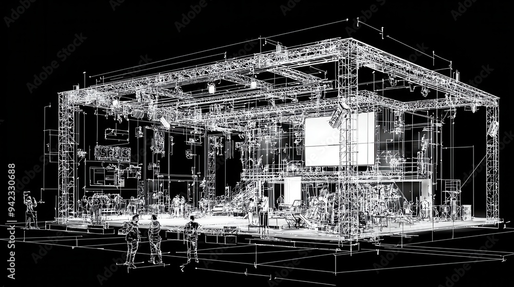 Poster abstract architecture blueprint sketch white lines on black background