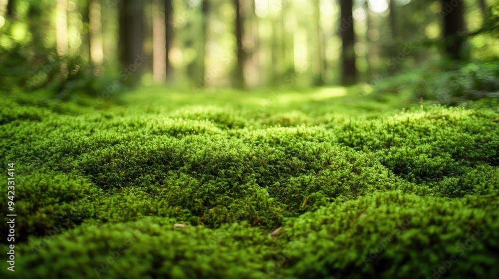 Poster a carpet of moss spread across a forest floor, creating a soft and vibrant green blanket, ideal for 