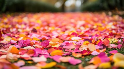 A carpet of multicolored petals covering the ground, leaving plenty of space for your message.
