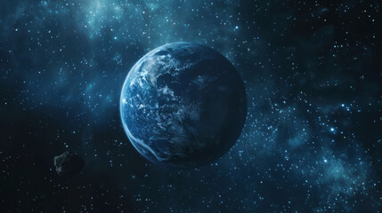 planet image in space with stars and planets, in the style of dark silver and dark blue