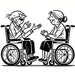 An elderly disabled couple chatting happily. Black and white image.