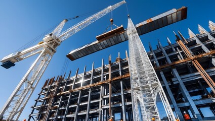 Dynamic view of a construction project featuring cranes lifting steel beams under a clear blue sky. Represents urban development and engineering progress.