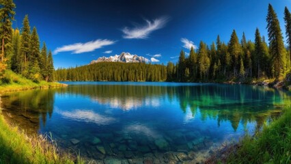 Landscape of turquoise lake between high mountains