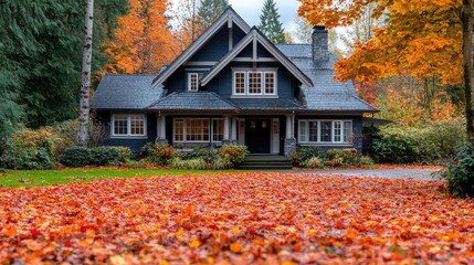 Obraz premium A charming house with a front yard covered in a blanket of colorful fall leaves, creating a cozy autumn atmosphere with ample copy space.