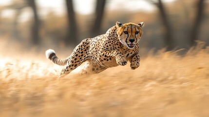 A cheetah sprinting across the savannah with incredible speed, capturing the essence of agility and power with ample copy space.