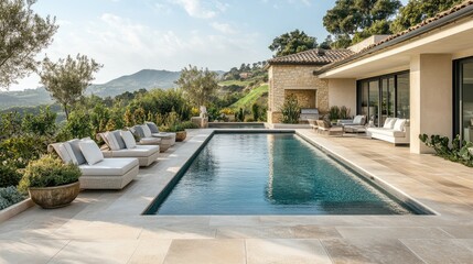 Fototapeta premium A chic pool area with elegant design, comfortable seating, and a beautiful landscape view. Clear copy space.
