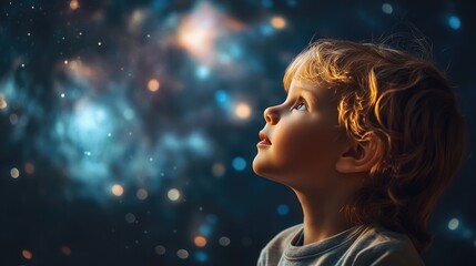 A child looking at a planetarium dome with awe, imagining space adventures. Clear space for promotional messages.