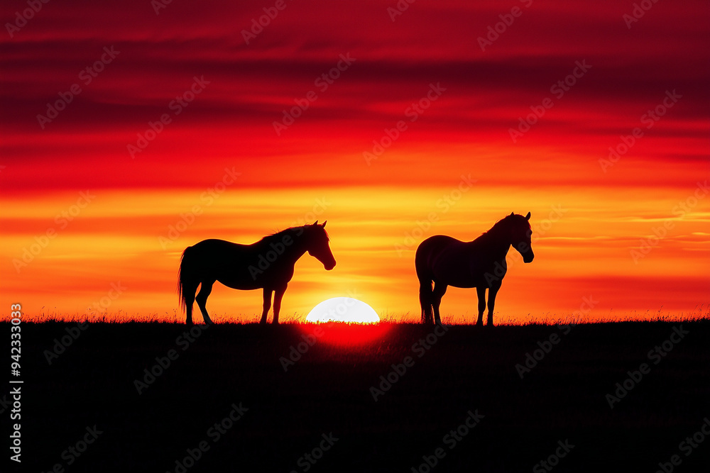 Wall mural silhouettes of two horses standing on a hill against a dramatic sunset, with vibrant red and orange 